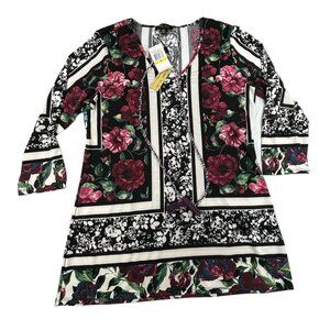 Melissa Paige Tunic Top Floral Print Womens M V-Neck Stretch Casual w/ Necklace